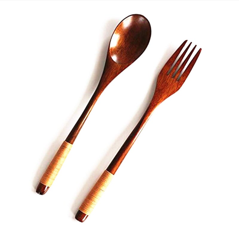 XMHF Wooden 9 inch Japanese Spoon Fork Set Kitchen Tableware Dinnerware Flatware Natural Wood Cutlery Wooden Dinner Utensil Set, 3 Spoons and 3 Forks (Brown Tied Line) - Image 3